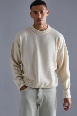 Clearance boohooMAN Boxy Brushed Extended Neck Knitted Jumper ecru