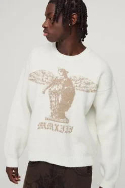 Store boohooMAN Boxy Brushed Gothic Graphic Knitted Jumper ecru