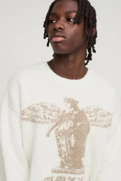 Store boohooMAN Boxy Brushed Gothic Graphic Knitted Jumper ecru