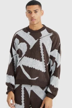 Outlet boohooMAN Boxy Brushed Jacquard Knitted Jumper chocolate