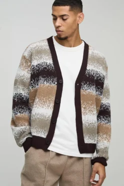 Cheap boohooMAN Boxy Brushed Stripe Knitted Cardigan brown