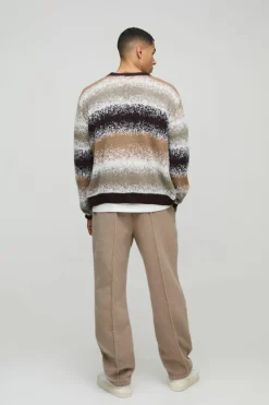 Cheap boohooMAN Boxy Brushed Stripe Knitted Cardigan brown