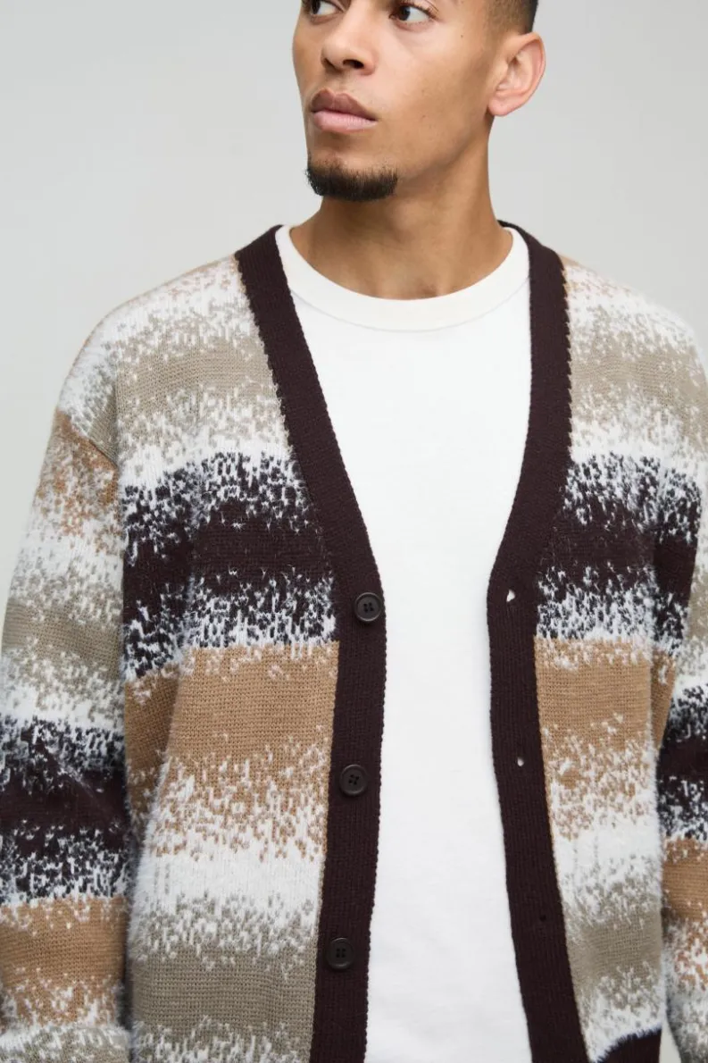 Cheap boohooMAN Boxy Brushed Stripe Knitted Cardigan brown