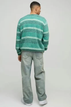 Store boohooMAN Boxy Brushed Stripe Knitted Cardigan green