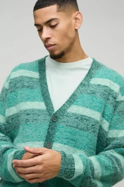 Store boohooMAN Boxy Brushed Stripe Knitted Cardigan green