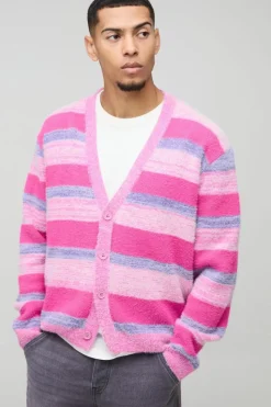 Cheap boohooMAN Boxy Brushed Stripe Knitted Cardigan pink