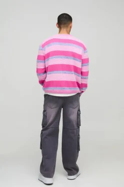 Cheap boohooMAN Boxy Brushed Stripe Knitted Cardigan pink