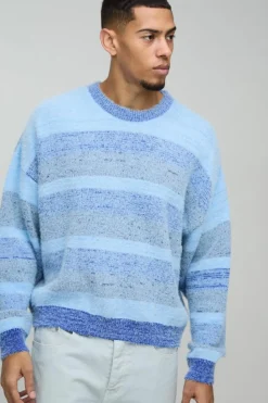 Hot boohooMAN Boxy Brushed Stripe Knitted Jumper blue