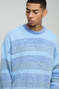 Hot boohooMAN Boxy Brushed Stripe Knitted Jumper blue