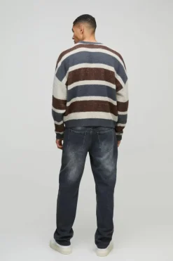Hot boohooMAN Boxy Brushed Stripe Knitted Jumper blue
