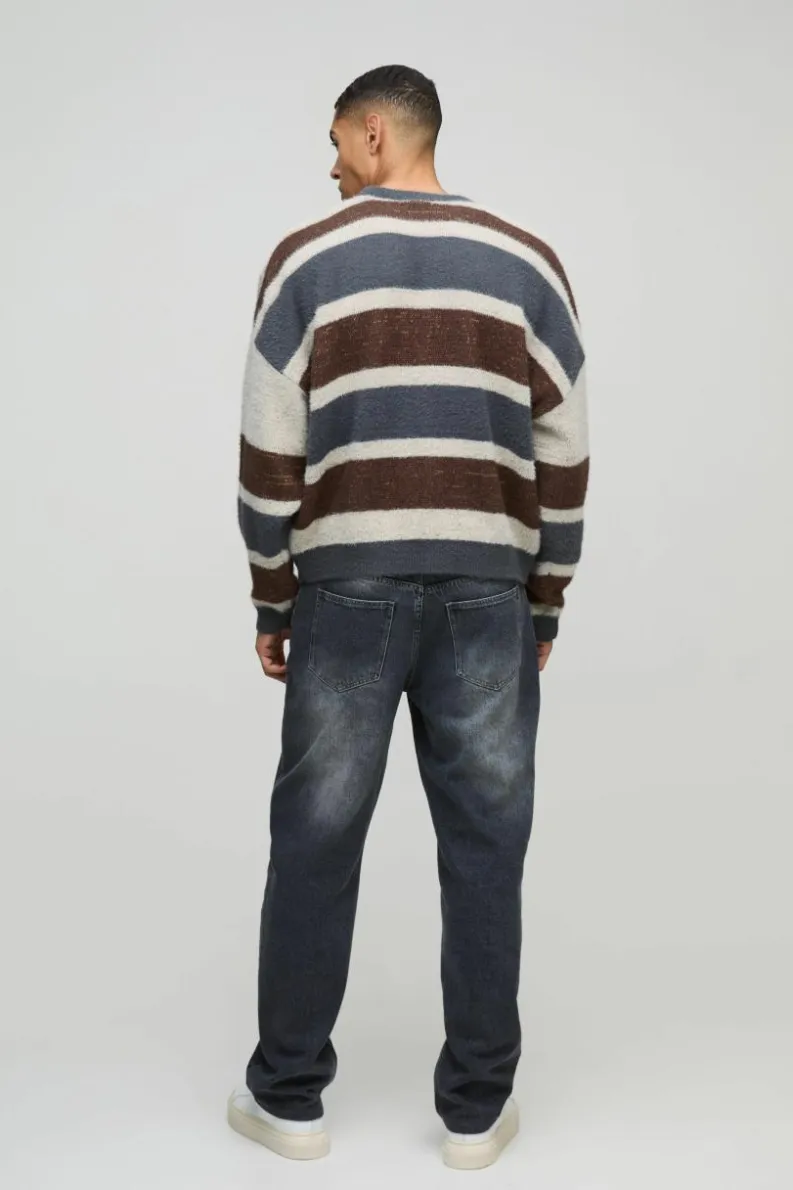 Hot boohooMAN Boxy Brushed Stripe Knitted Jumper blue