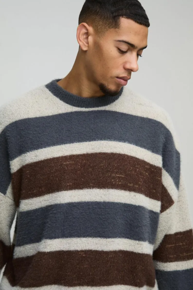 Hot boohooMAN Boxy Brushed Stripe Knitted Jumper blue