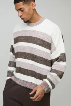 Best boohooMAN Boxy Brushed Stripe Knitted Jumper brown