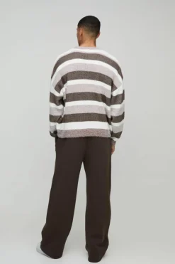 Best boohooMAN Boxy Brushed Stripe Knitted Jumper brown