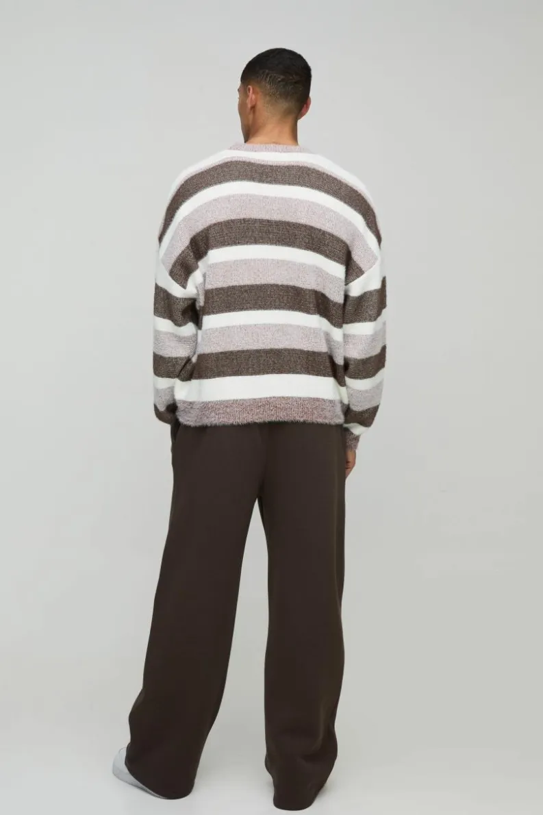 Best boohooMAN Boxy Brushed Stripe Knitted Jumper brown