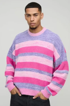 Online boohooMAN Boxy Brushed Stripe Knitted Jumper pink