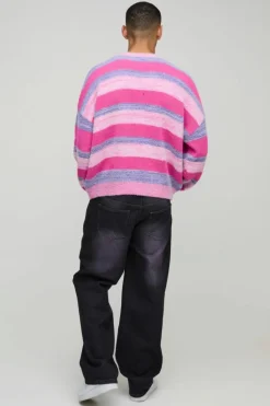 Online boohooMAN Boxy Brushed Stripe Knitted Jumper pink