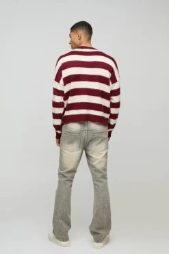 Best boohooMAN Boxy Brushed Stripe Print Knitted Jumper burgundy