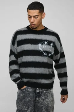 Store boohooMAN Boxy Brushed Stripe Print Knitted Jumper black