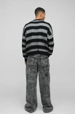 Store boohooMAN Boxy Brushed Stripe Print Knitted Jumper black