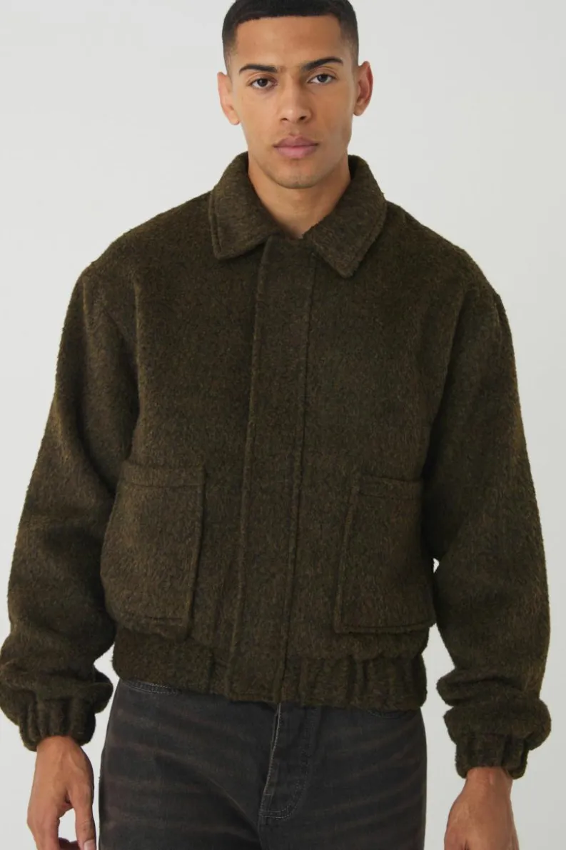 Best Sale boohooMAN Boxy Brushed Wool Look Harrington Jacket In khaki