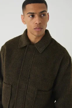 Best Sale boohooMAN Boxy Brushed Wool Look Harrington Jacket In khaki