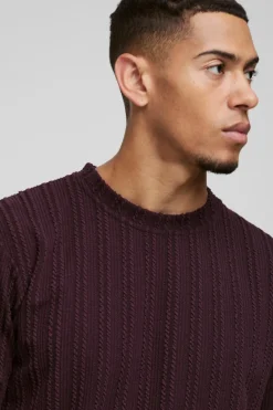 Sale boohooMAN Boxy Cable Long Sleeve Sweatshirt plum