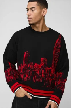 Flash Sale boohooMAN Boxy City Jacquard Graphic Brushed Knitted Jumper black