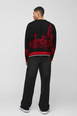Flash Sale boohooMAN Boxy City Jacquard Graphic Brushed Knitted Jumper black