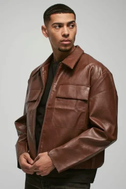 Outlet boohooMAN Boxy Collared PU Harrington Jacket With Raw Edge In brown
