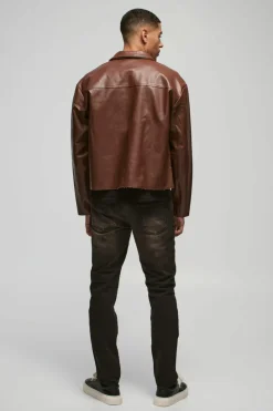 Outlet boohooMAN Boxy Collared PU Harrington Jacket With Raw Edge In brown