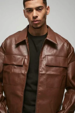 Outlet boohooMAN Boxy Collared PU Harrington Jacket With Raw Edge In brown
