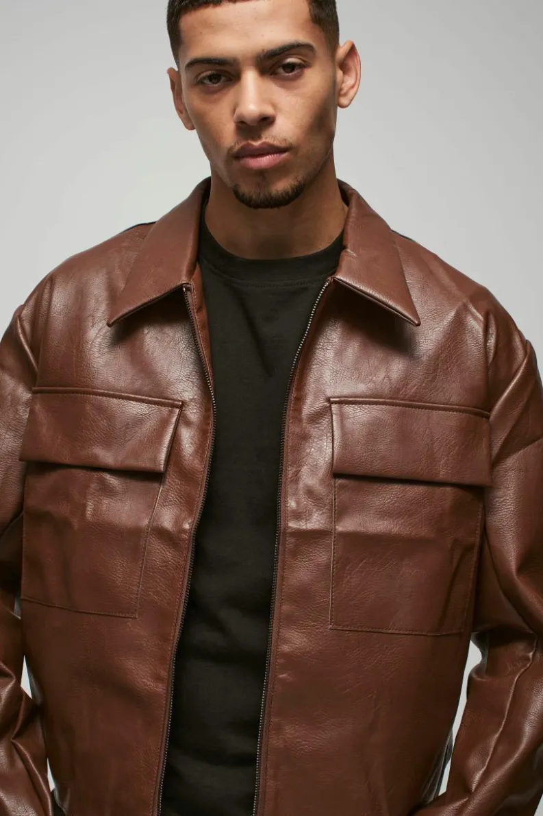 Outlet boohooMAN Boxy Collared PU Harrington Jacket With Raw Edge In brown