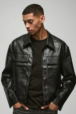 Discount boohooMAN Boxy Collared Pu Harrington With Raw Edge Detail In black