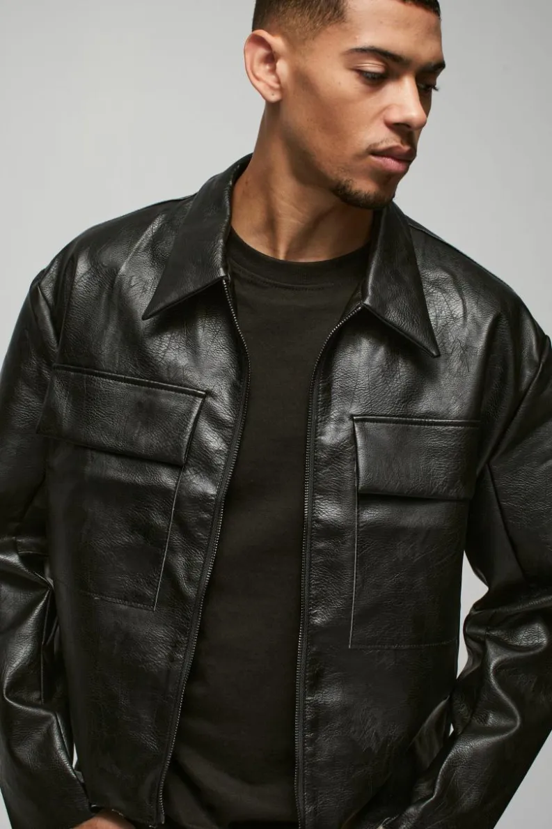 Discount boohooMAN Boxy Collared Pu Harrington With Raw Edge Detail In black