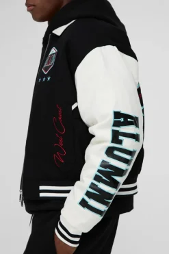 Shop boohooMAN Boxy Collared Twill Varsity Bomber Jacket In black