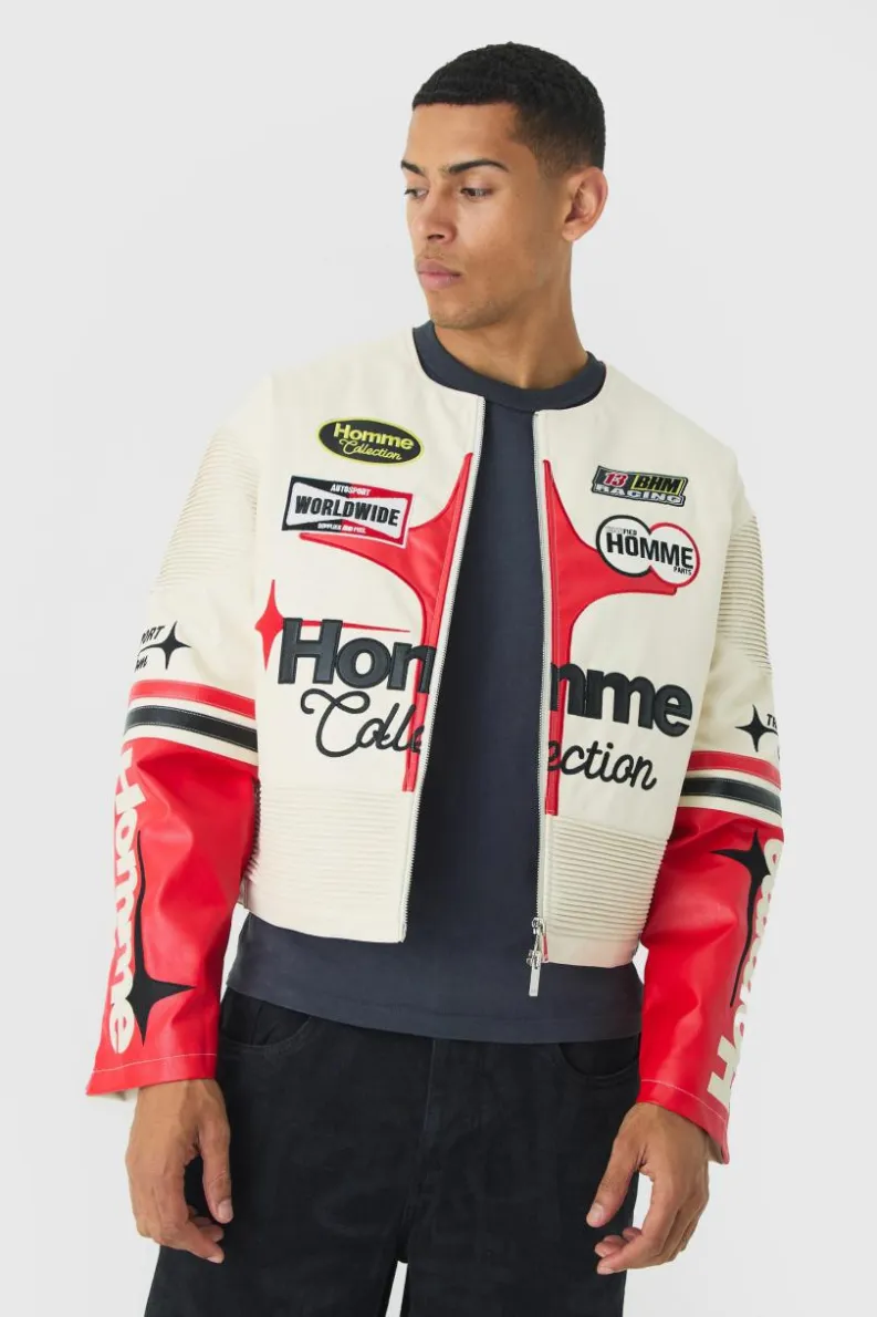 Cheap boohooMAN Boxy Collarless Homme PU Moto Jacket In ecru