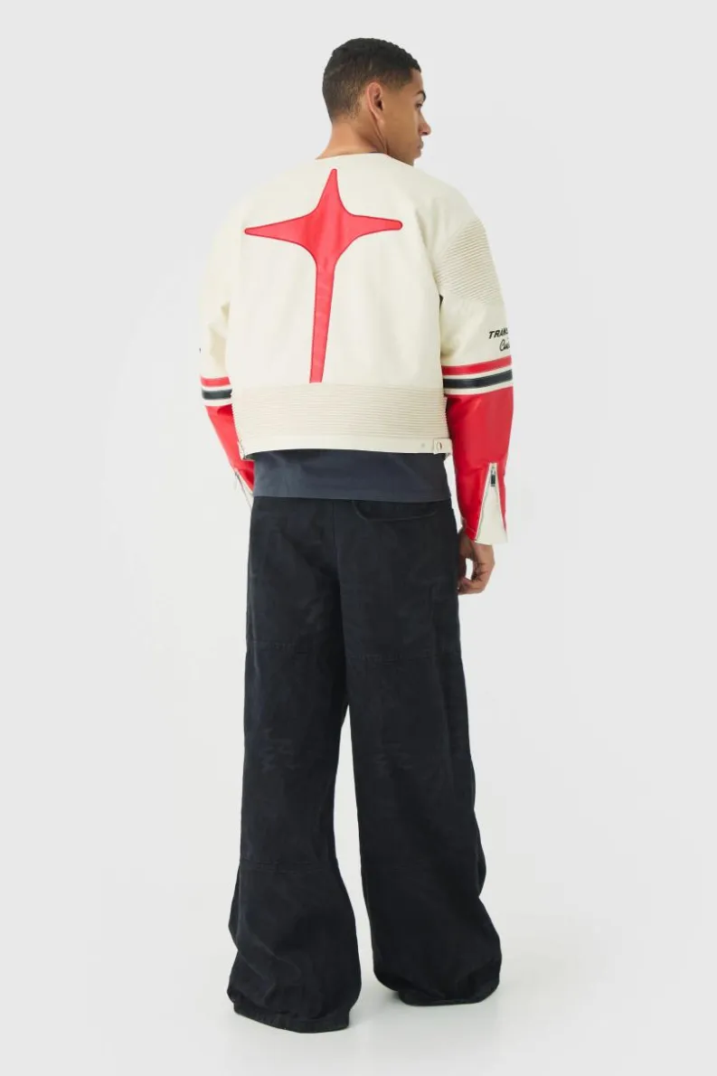 Cheap boohooMAN Boxy Collarless Homme PU Moto Jacket In ecru