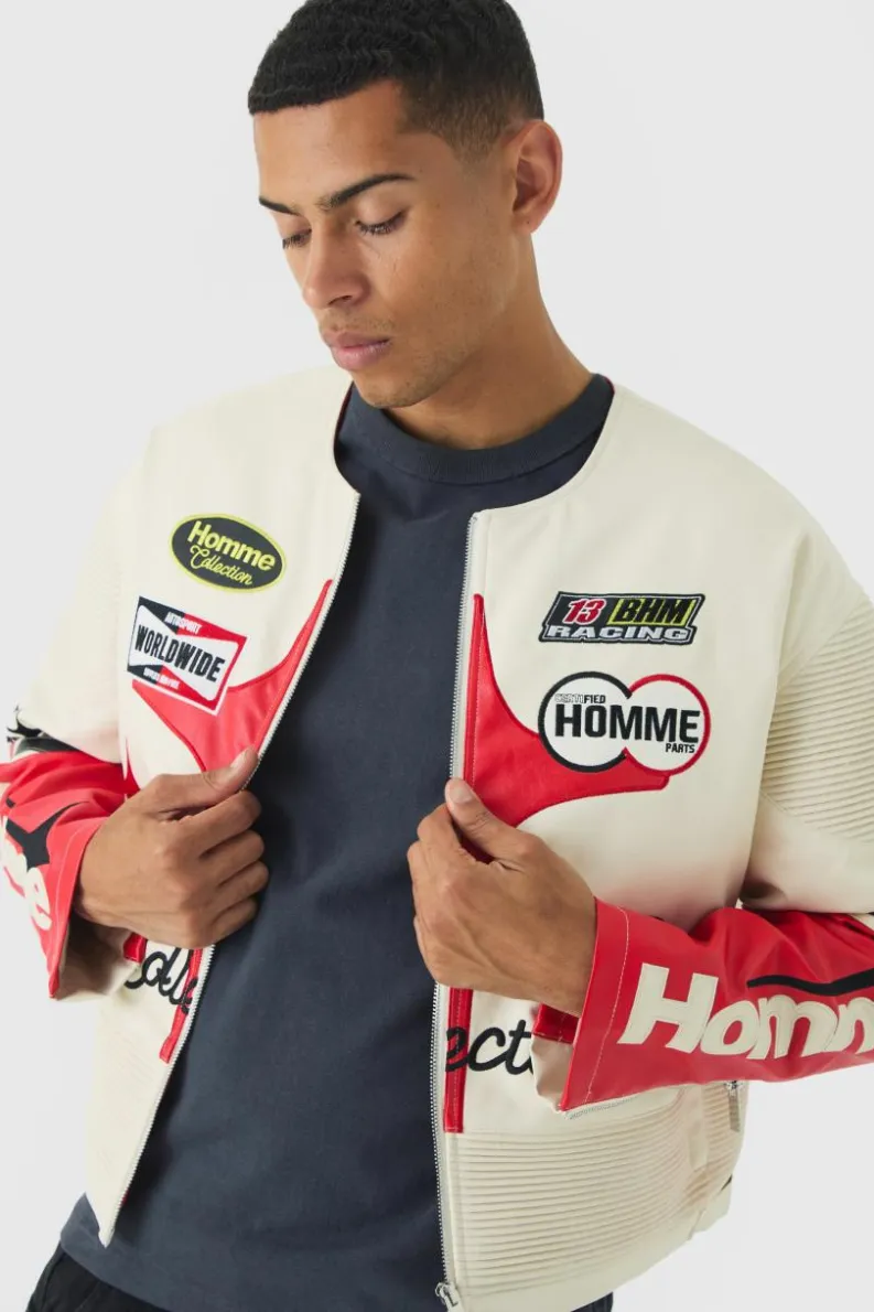Cheap boohooMAN Boxy Collarless Homme PU Moto Jacket In ecru
