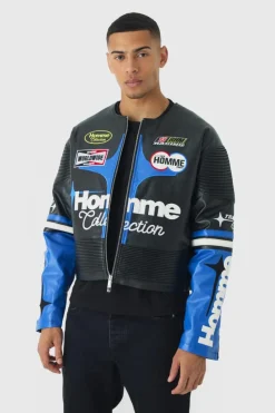Cheap boohooMAN Boxy Collarless Homme PU Moto Jacket In black