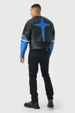 Cheap boohooMAN Boxy Collarless Homme PU Moto Jacket In black