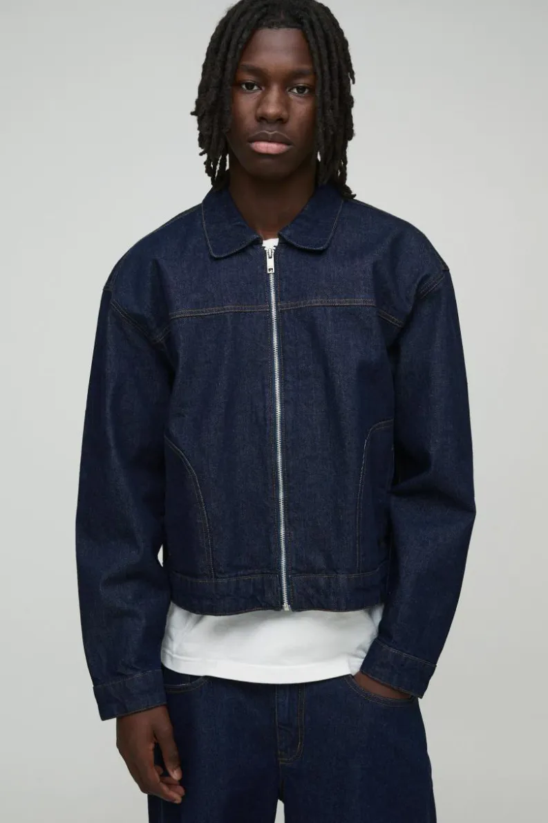 Discount boohooMAN Boxy Contrast Stitch Denim Jacket indigo