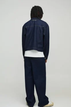 Discount boohooMAN Boxy Contrast Stitch Denim Jacket indigo