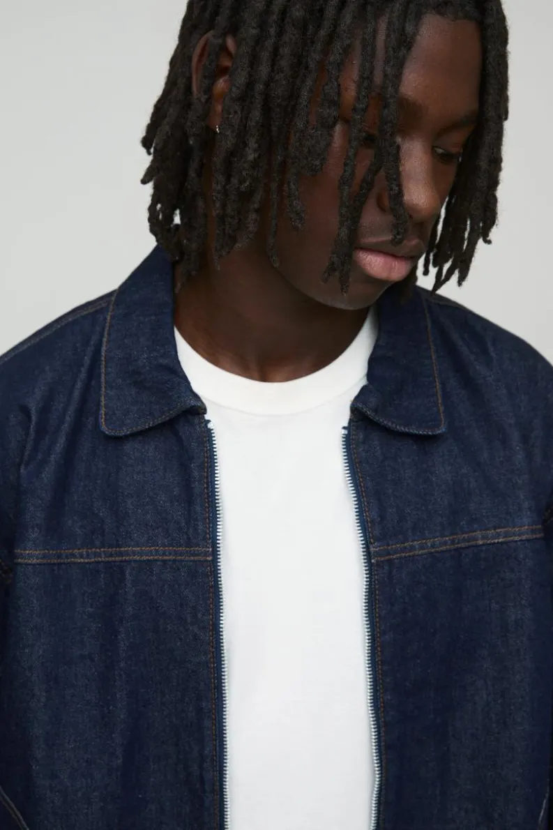 Discount boohooMAN Boxy Contrast Stitch Denim Jacket indigo