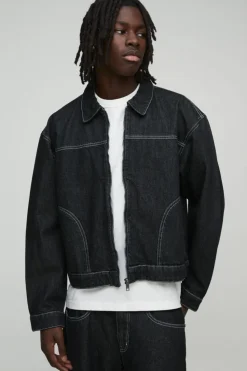 Discount boohooMAN Boxy Contrast Stitch Denim Jacket black