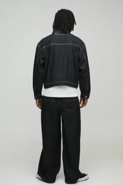 Discount boohooMAN Boxy Contrast Stitch Denim Jacket black