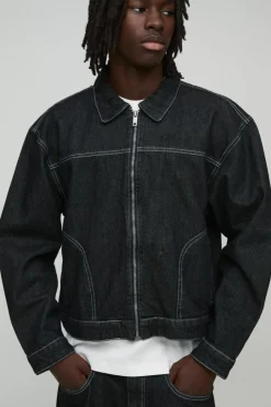 Discount boohooMAN Boxy Contrast Stitch Denim Jacket black