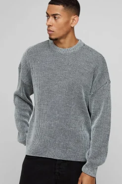 Outlet boohooMAN Boxy Crew Neck Dropped Shoulder Plated Ribbed Knit Jumper black