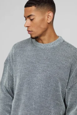 Outlet boohooMAN Boxy Crew Neck Dropped Shoulder Plated Ribbed Knit Jumper black