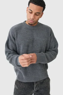 Best Sale boohooMAN Boxy Crew Neck Ribbed Knitted Jumper charcoal